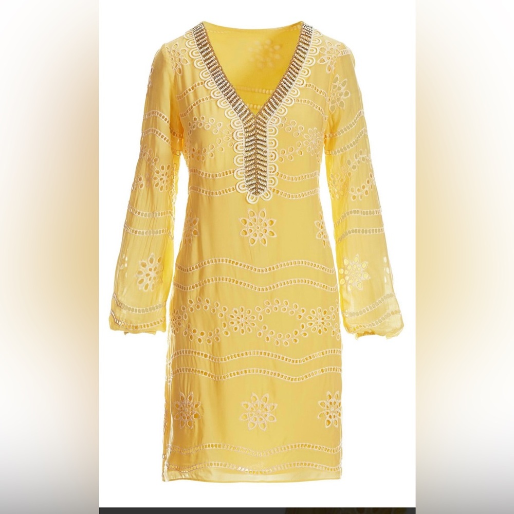 Boston Proper Yellow Embroidered Long Sleeve Dress